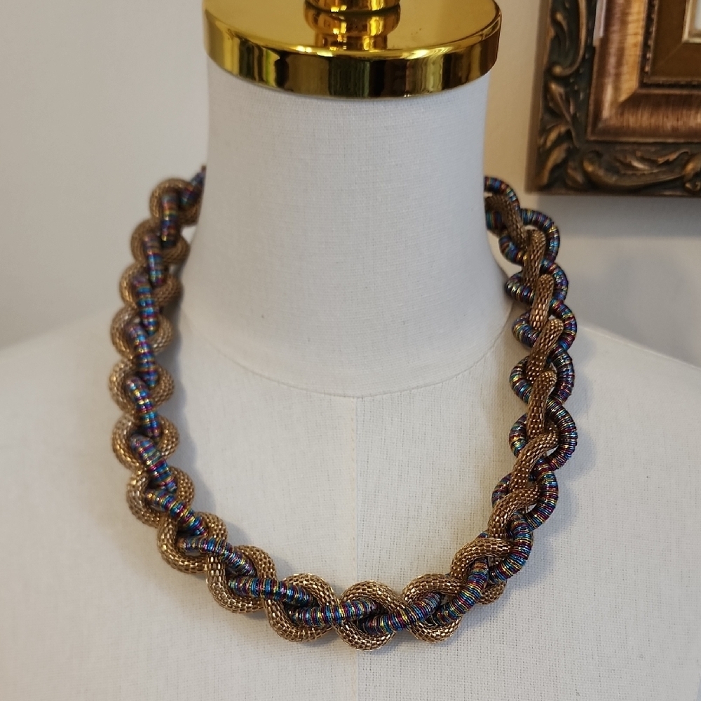 Braided Multicolor Statement Necklace Gold Tone Iridescent OS